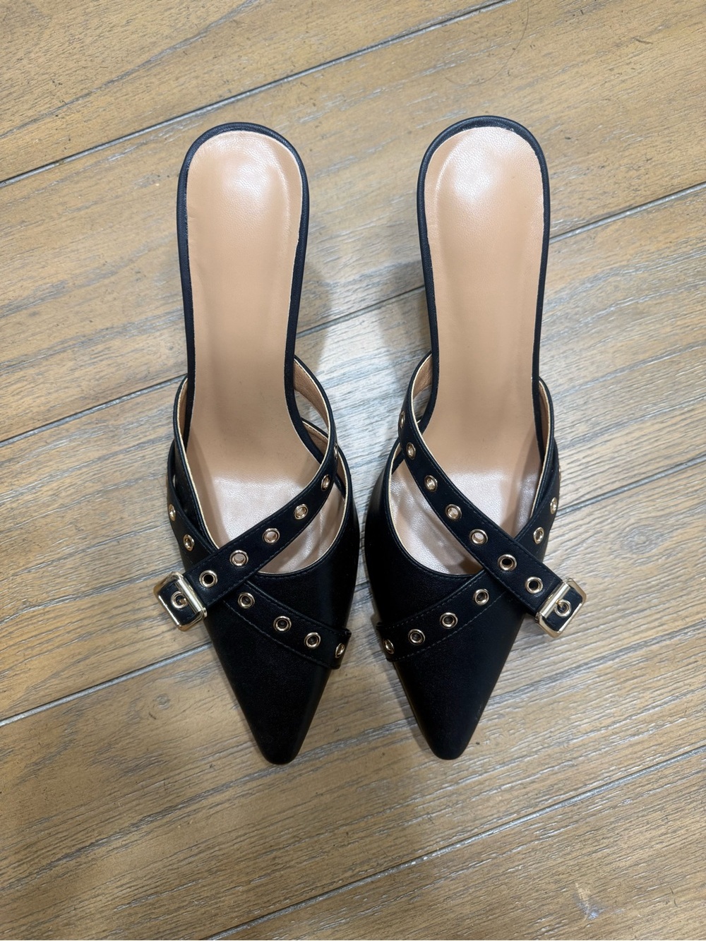 Amazon Black Studded Pointed Toe Mule Heels with Tan Insole